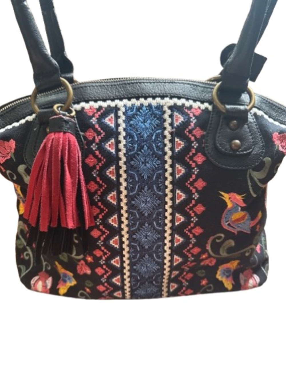 Sharif Boho Andalusian Garden Canvas Embroidered Satchel with Leather Accents